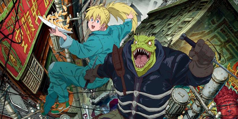 Caiman de l'anime Dorohedoro grogne tandis que Nikaido sourit en renversant de la nourriture.
