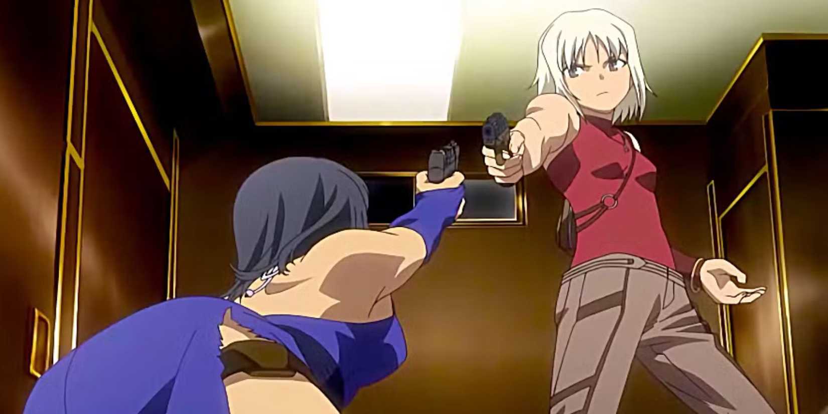 Canaan and Alphard point guns at each other in the anime Canaan.