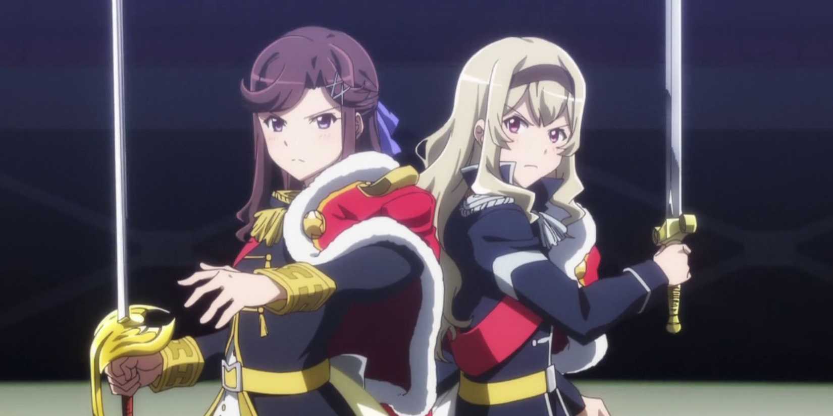 Maya dan Claudine berdiri berdampingan bersiap untuk bertempur di Revue Starlight.