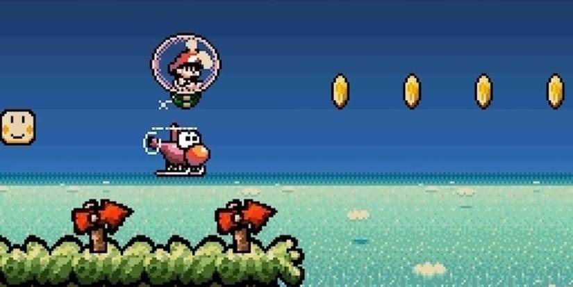 Helicopter Yoshi flys under Baby Mario, who's in a bubble, in Super Mario World 2: Yoshi's Island