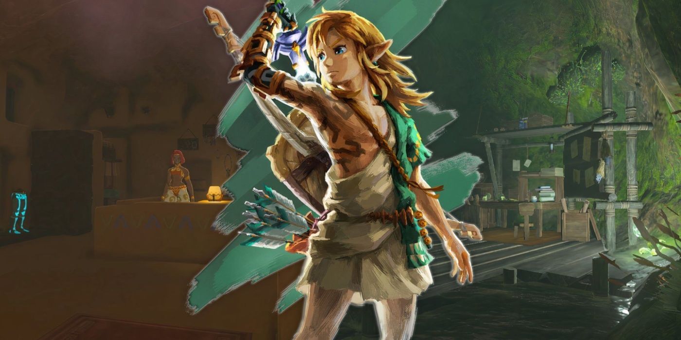 Images of the Gerudo Secret Shop, Link, and Zelda's Secret Well from Legend of Zelda: Tears of the Kingdom are spliced together.