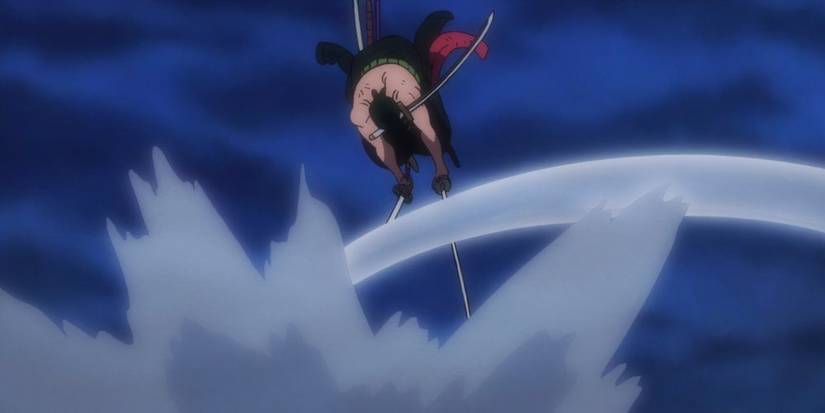 Roronoa Zoro is using Clear Lance in One Piece's Wano Arc in order to avoid falling off of Onigashima.