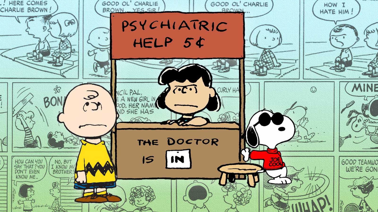 Lucy, Snoopy and Charlie Brown at her psychiatrists' stand with Peanuts comics in the background