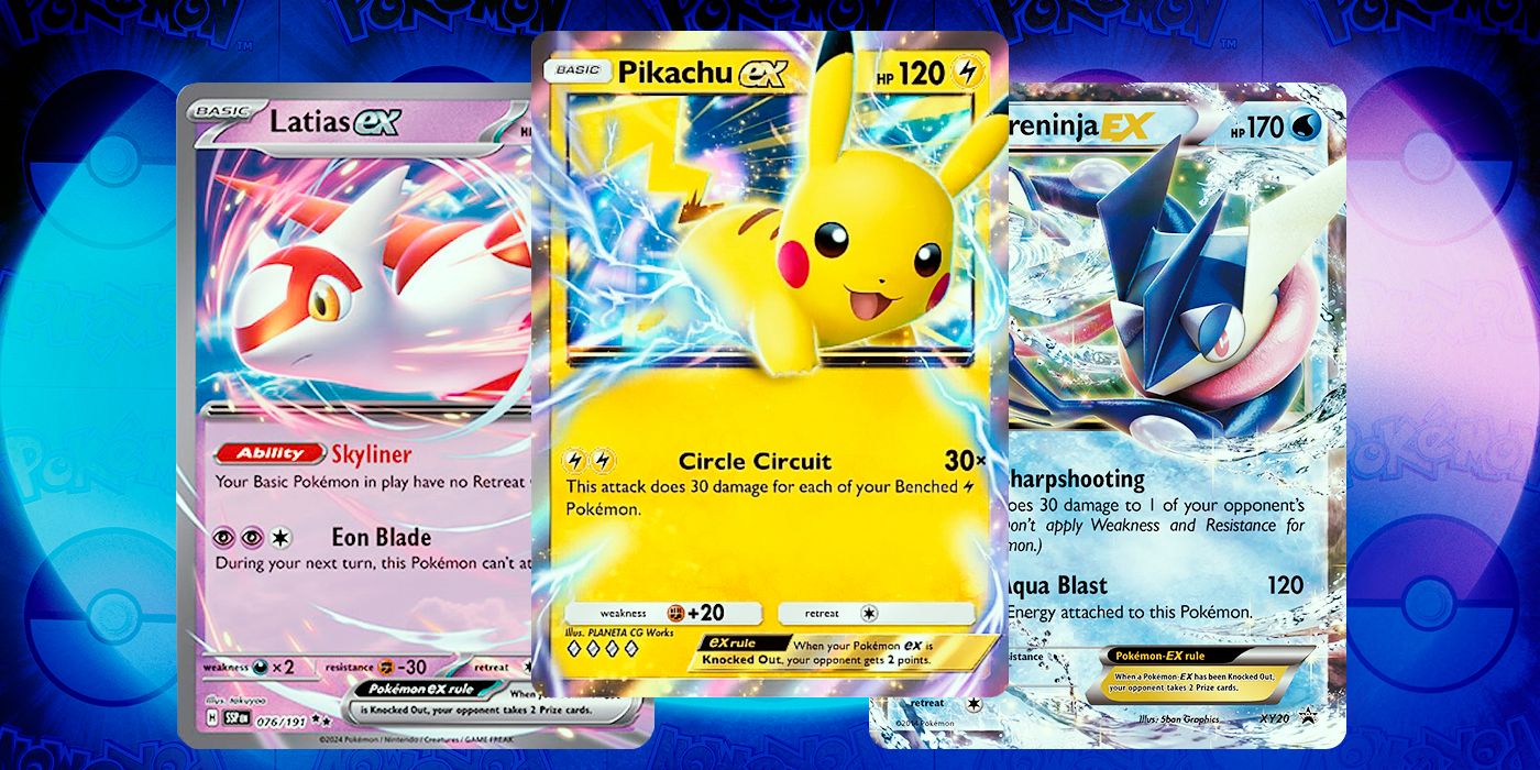 Greninja Ex, Pikachu ex, and Latias ex from Pokemon TCG
