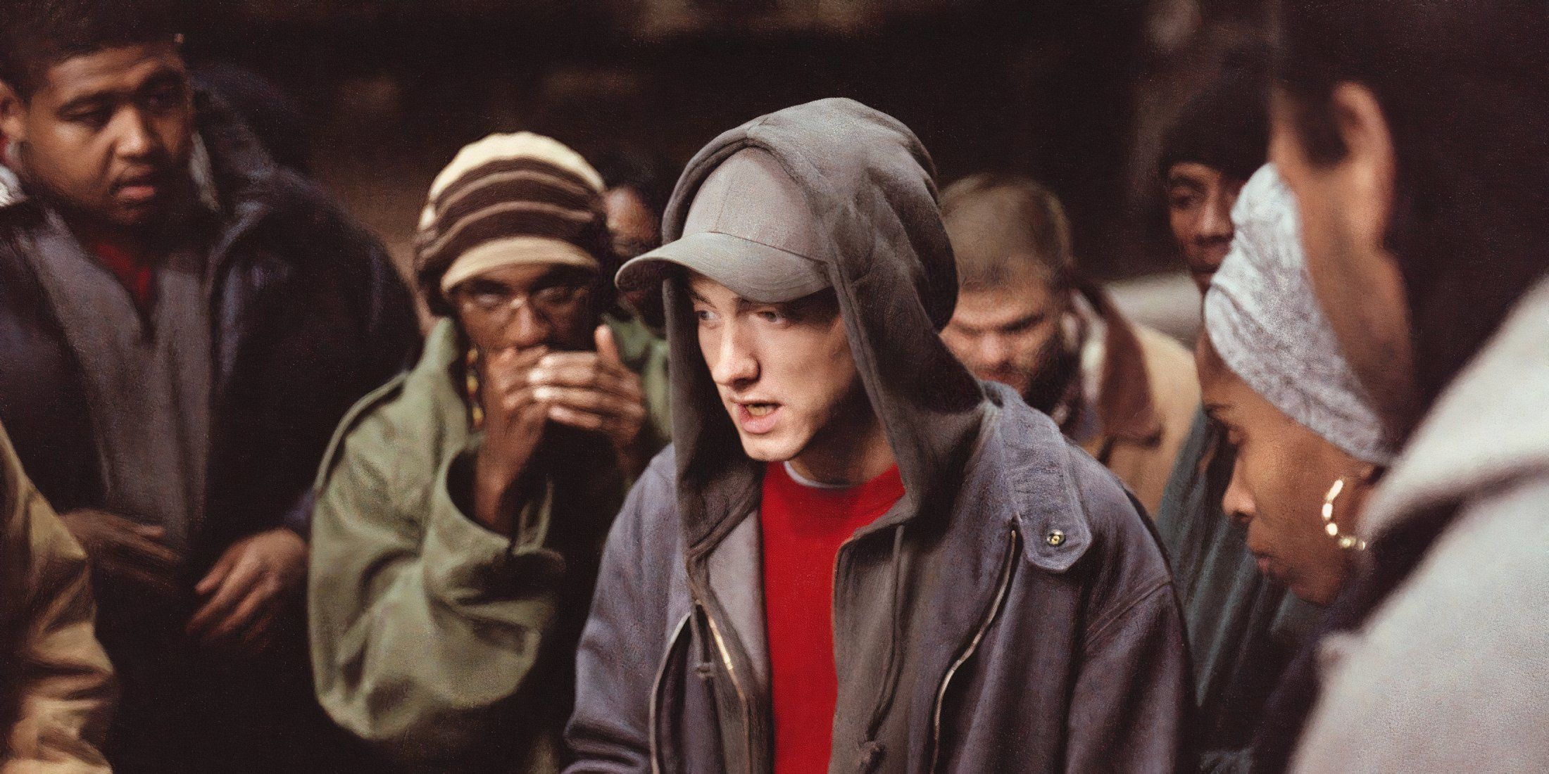 8 Mile Eminem as Jimmy Smith Jr. alias B-Rabbit surrounded by a crowd