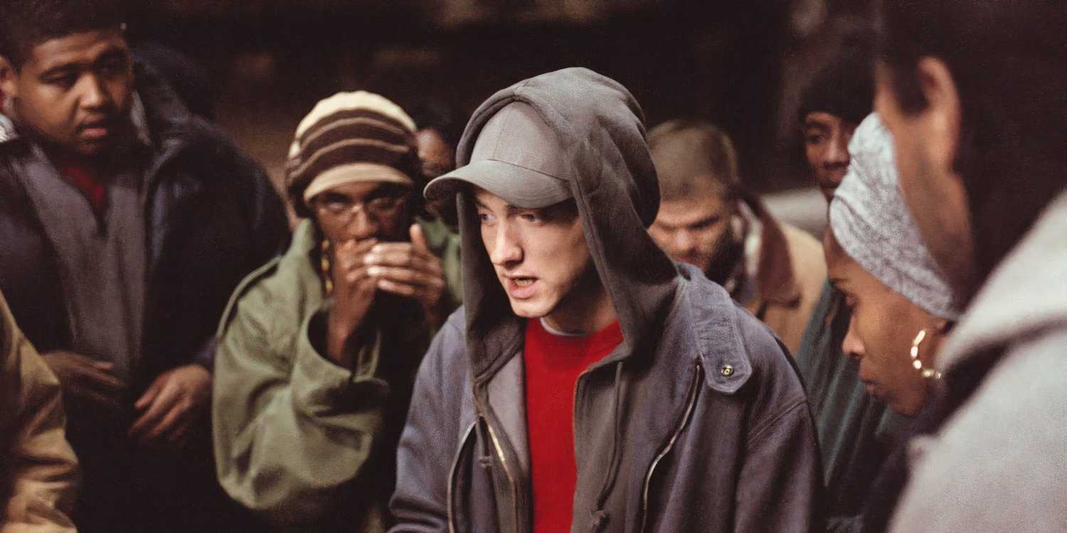 8 Mile Eminem as Jimmy Smith Jr. alias B-Rabbit surrounded by a crowd