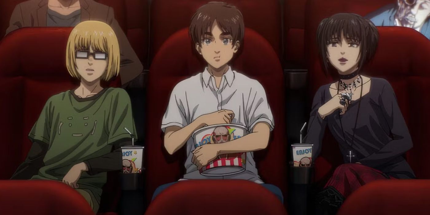 Armin, Eren and Mikasa watch the movie in Attack on Titan The Last Attack