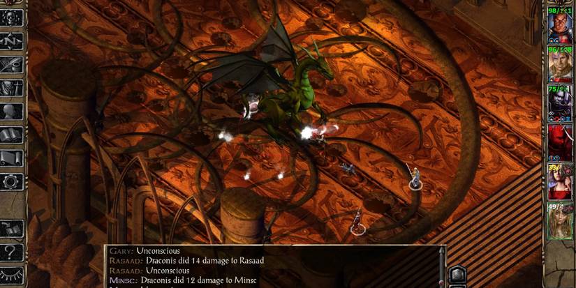 The party in Baldur's Gate 2 is battling a green dragon.