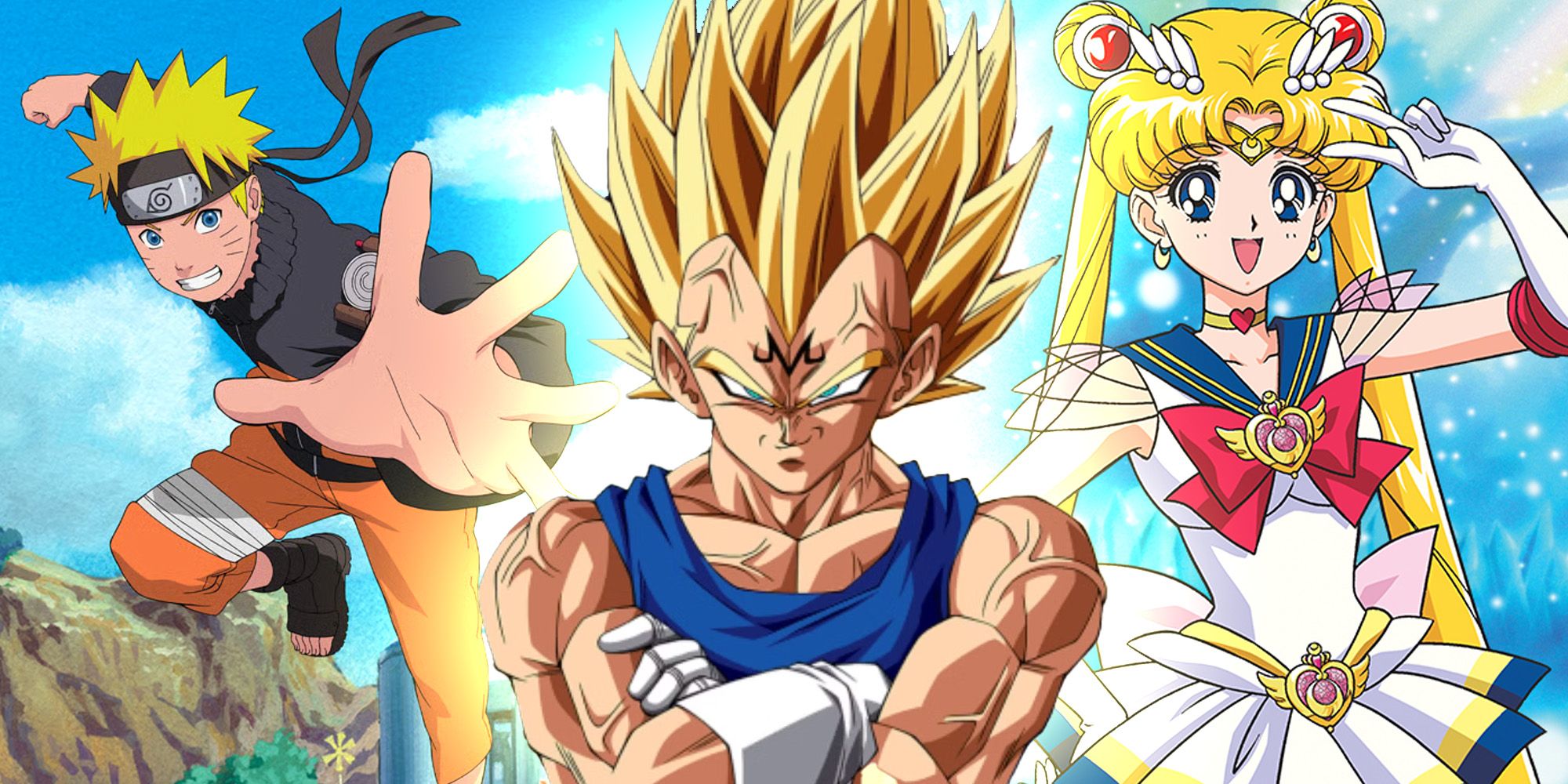 Naruto: Shippuden Naruto Uzumaki left, Dragon Ball Z Majin Vegeta middle, and Sailor Moon Usagi Tsukino transformation right