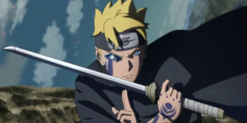 Boruto Uzumaki is holding a sword and using the Jogan in Boruto: Naruto Next Generations.