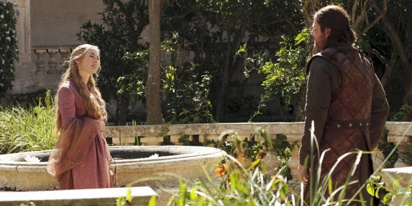Cersei and Ned speak in the garden in Game of Thrones