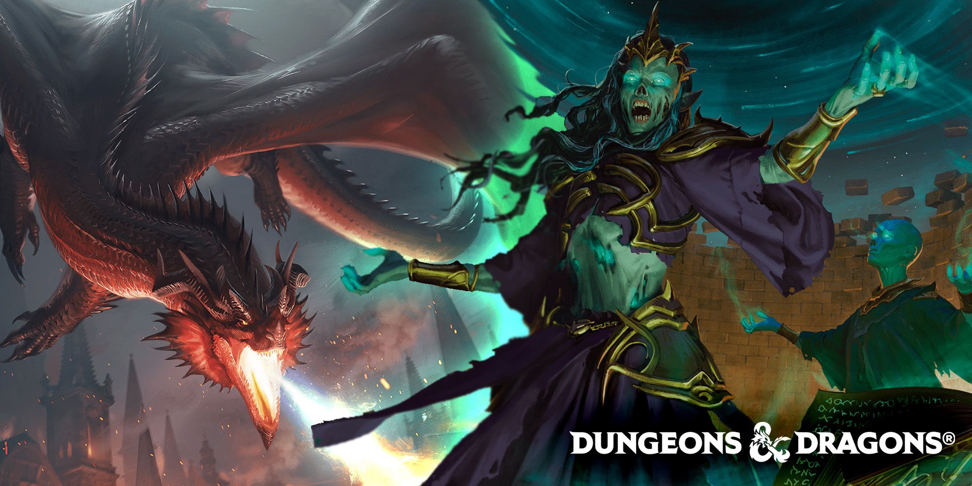 DnD 5e 2025 Monster Manual's Adult red dragon breathing fire against an undead lich