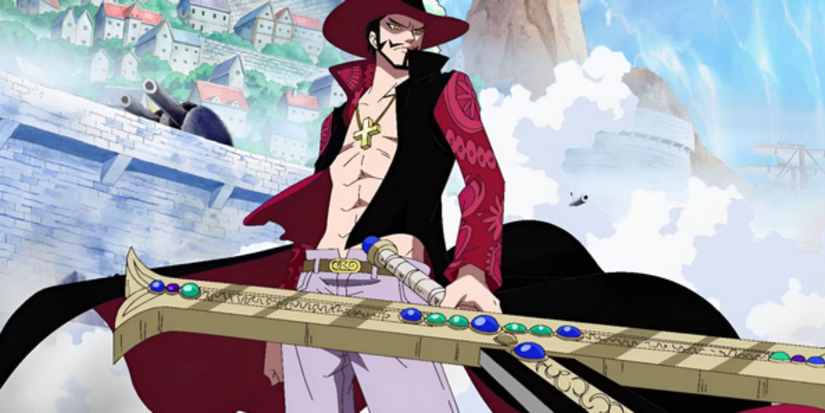 Dracule Mihawk has his sword drawn as he looks out at his opponent during the Summit War in One Piece's Marindford arc.