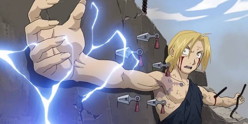 Edward watches his right arm being restored with blue electricity in FMAB.