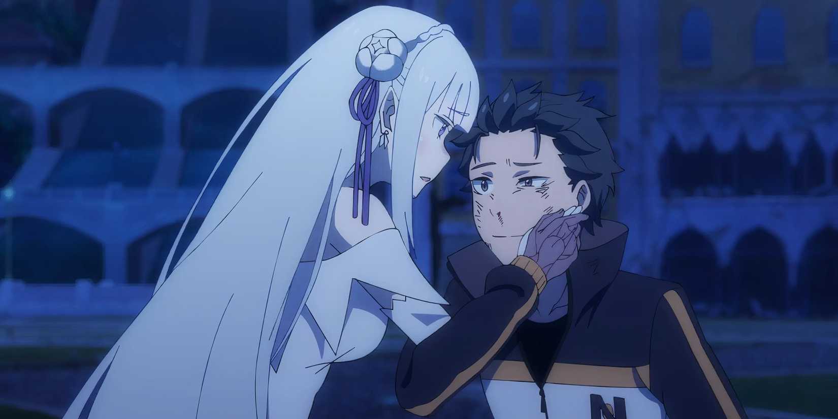 Emilia s'inquiète pour Subaru alors qu'elle essuie son visage meurtri dans Re:Zero Saison 3, Épisode 12