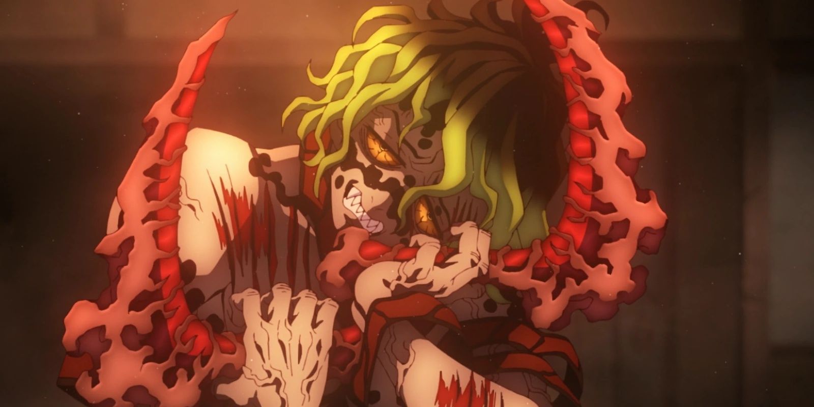 Gyutaro makes a strange pose with his scythes in Demon Slayer.