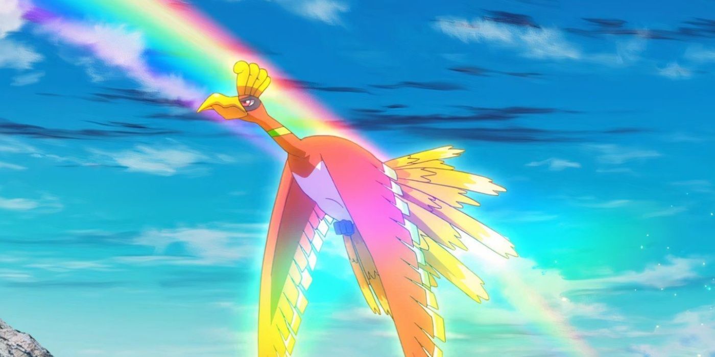 El Phoenix Pokémon Ho-oh volando sobre un arco de anime.