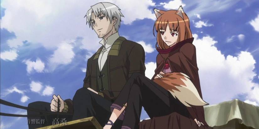 Holo and Lawrence from Spice and Wolf are riding on a wagon together and smiling.