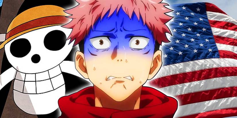 Yuji Itadori from the anime Jujutsu Kaisen with the One Piece pirate flag and the American flag