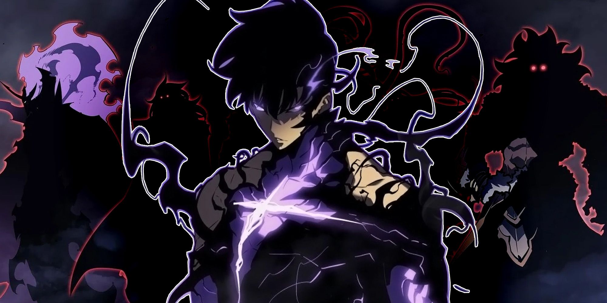 This is a custom anime image of Sung Jinwoo in front of Solo Leveling's Monarchs.