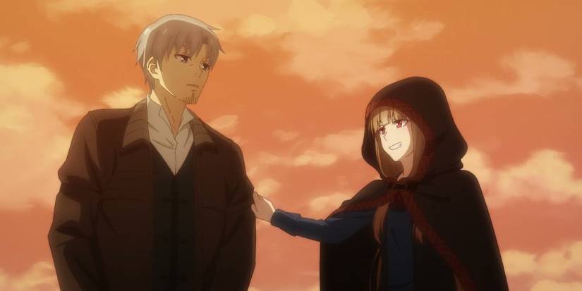 Lawrence and Holo in Spice and Wolf are sharing a moment as a hooded Holo pats Lawrence on the shoulder.