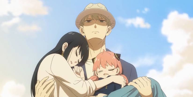Loid carrying a sleeping sleep and Anya in the anima series of the SPY X family