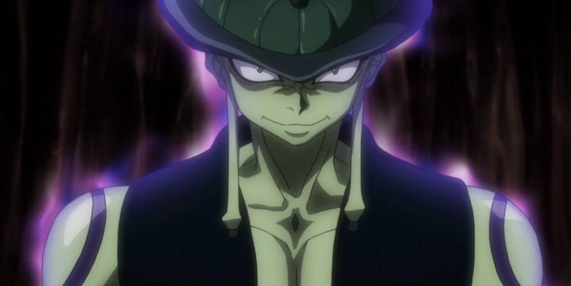 Meruem smiles while bursting with purple energy Nen in Hunter X Hunter.