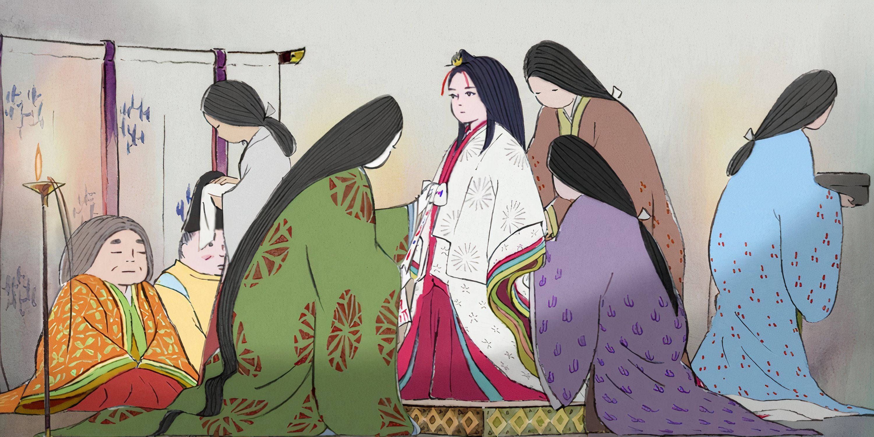 A young girl is dressed in traditional Japanese garbs by other women in The Tale of Princess Kaguya.