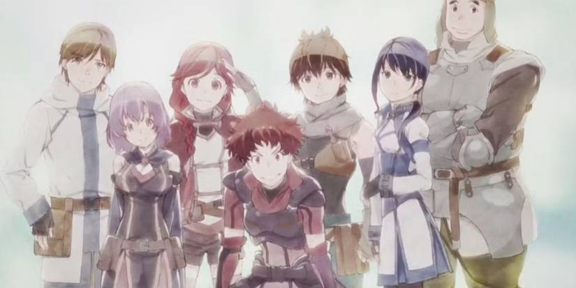 Manato, Shihoru, Yume, Haruhiro, Ranta, Choco and Moguzo, the main characters of Grimgar, Ashes and Illusions pose for a picture in the anime