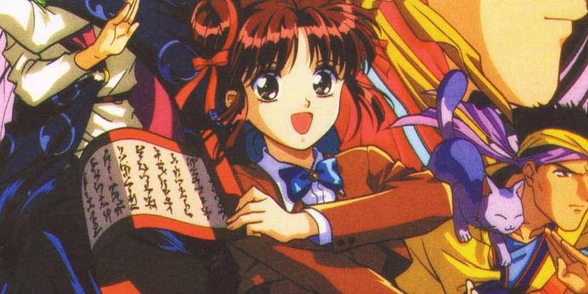 Miaka ativa seu pergaminho mágico no anime Fushigi Yugi.