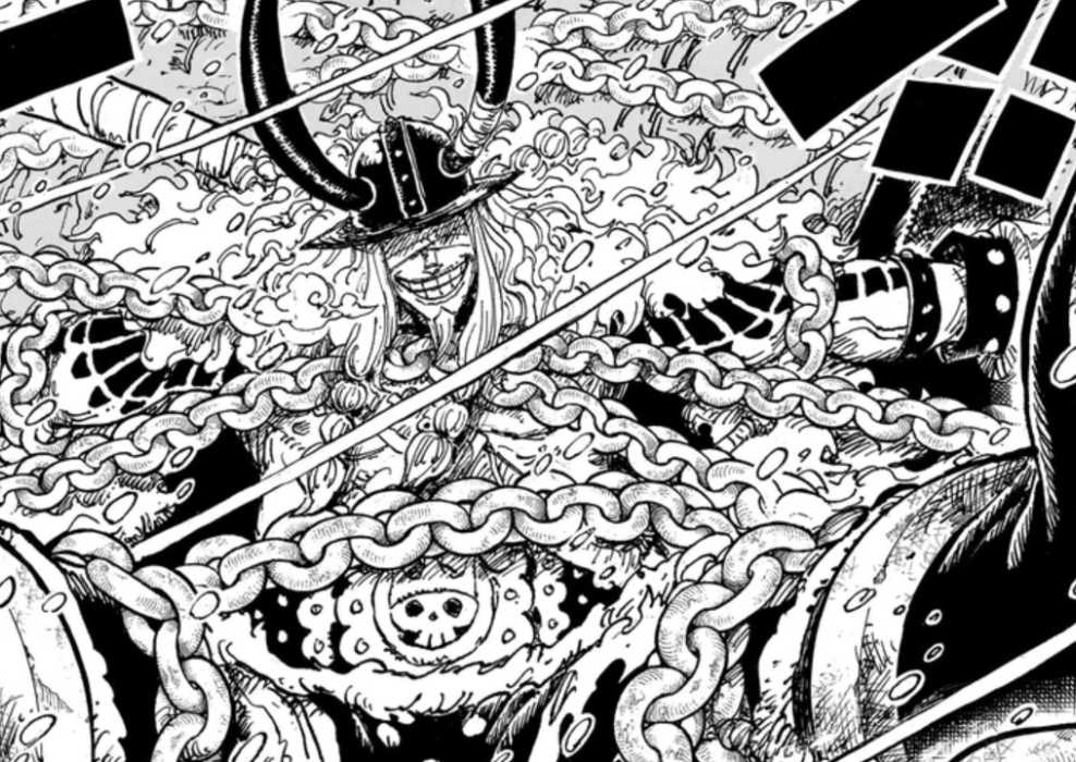Loki, the accursed Prince of Elbaph smiles at Luffy in the One Piece manga.