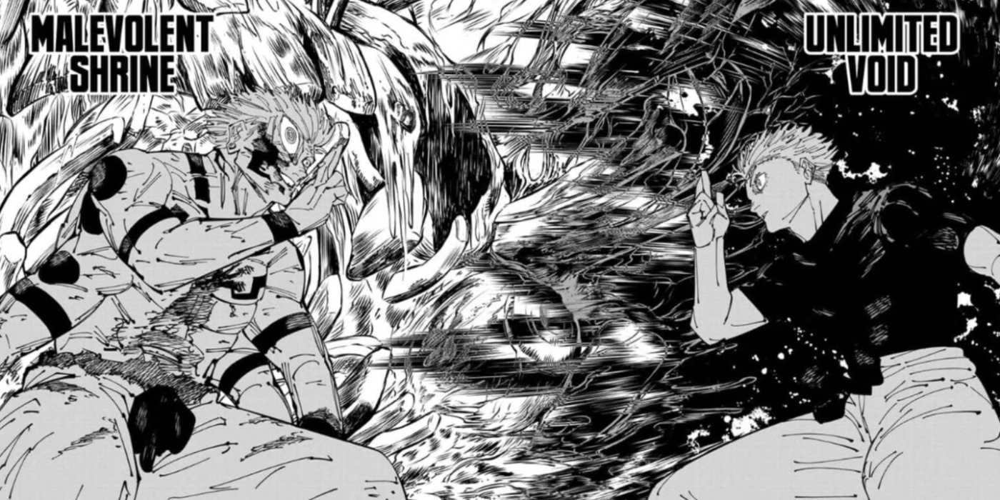 Sukuna và Yuta trong cơ thể Gojo cùng nhau kích hoạt Mở rộng miền trong manga JJK