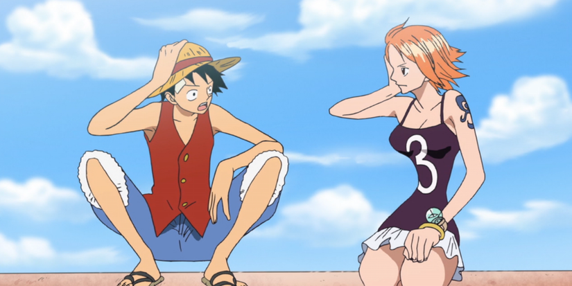 Monkey D. Luffy and Nami are talking on a roof during One Piece's Water 7 arc.