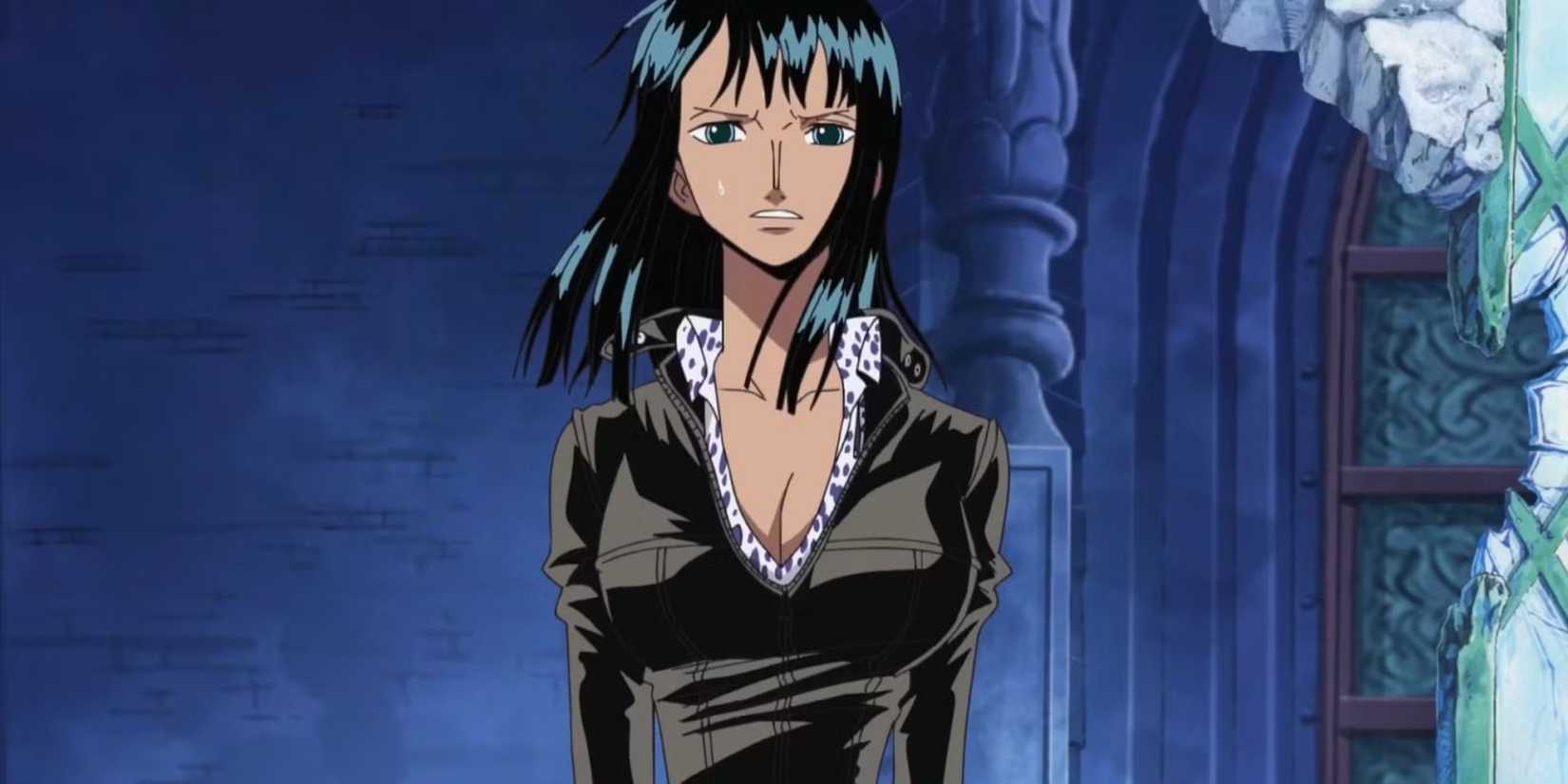 Nico Robin a l'air nerveux dans une tenue sombre dans One Piece
