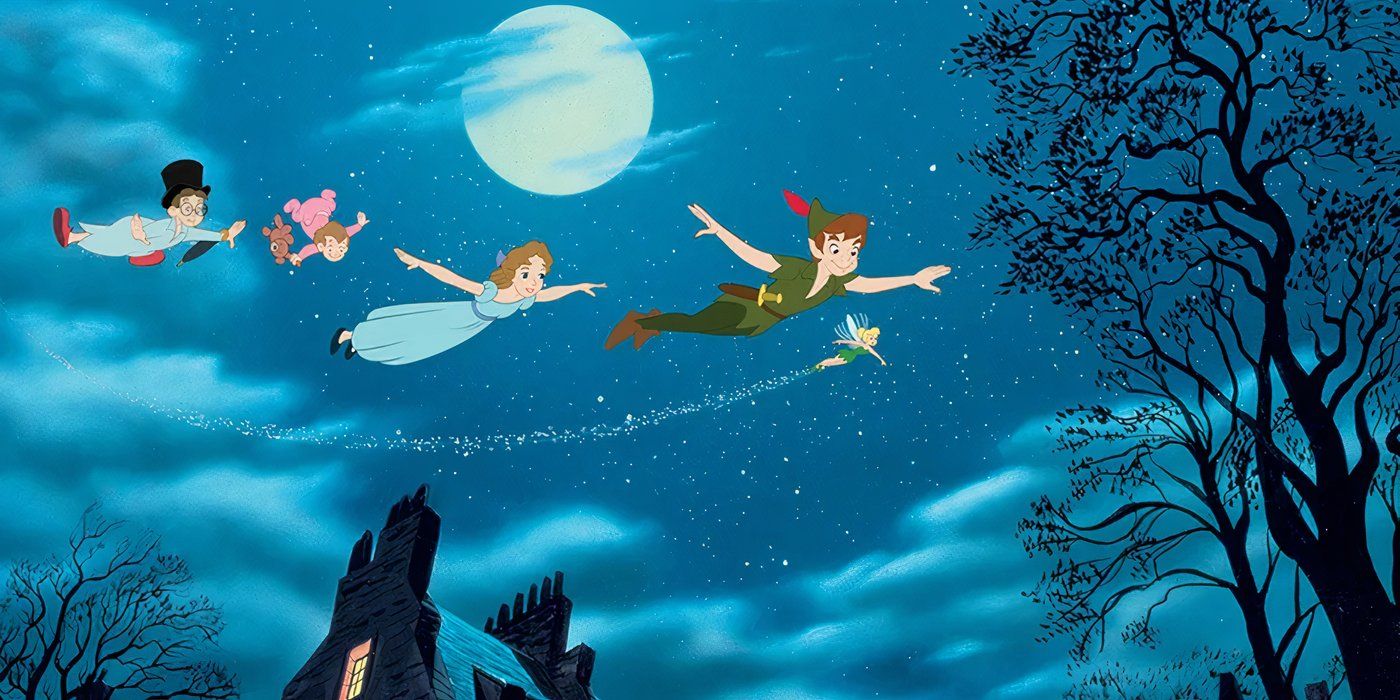 Peter Pan and the Darlings fly with Tinker Bell in the film Peter Pan.