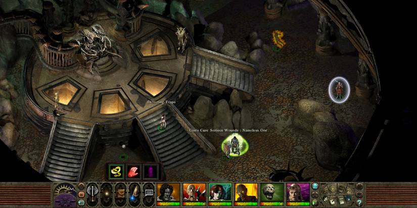 Planescape Torment gameplay within a large underground chamber.