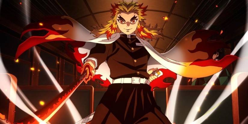 Kyojuro Rengoku de Demon Slayer a son épée sortie et pointée vers l'avant alors que des étincelles volent autour de lui.