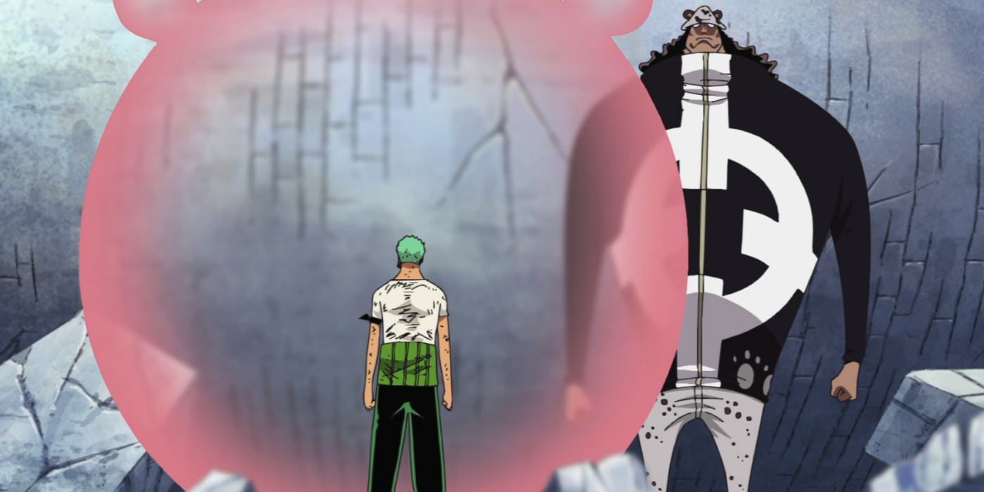 Roronoa Zoro berdiri di depan gelembung yang terbuat dari rasa sakit Monkey D. Luffy, yang dibuat oleh Bartholomew Kuma selama arc Thriller Bark di One Piece.