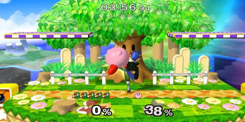 Kirby and Falco are fighting in Super Smash Bros. Melee.