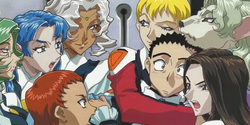 Seina Yamada from Tenchi Muyo GXP surrounded by women fighting over him.