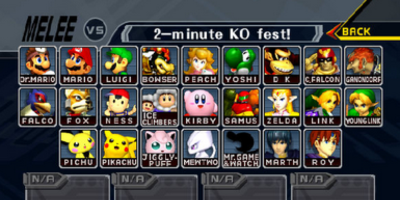 The image depicts the character select screen from Super smash Bros. Melee.