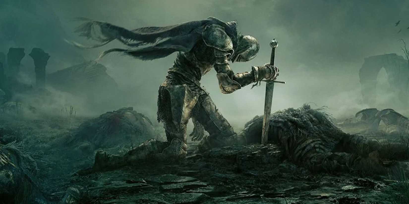The cover art of Elden Ring portrays Knight Vyke bent down with his sword.