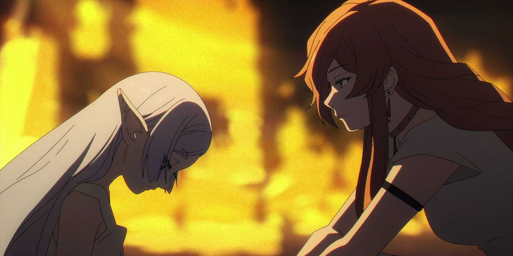 Flame comforts fry after the loss of his village in Friren: Beyond Journey's End.