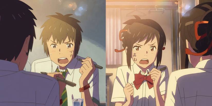 Layar terpisah dari Taki dan Mitsuha yang bertukar tubuh di Your Name.