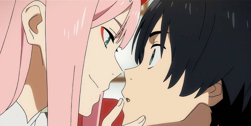 Hiro parece surpreso quando zero dois se inclinam para beijá -lo em Darling in the Franxx.