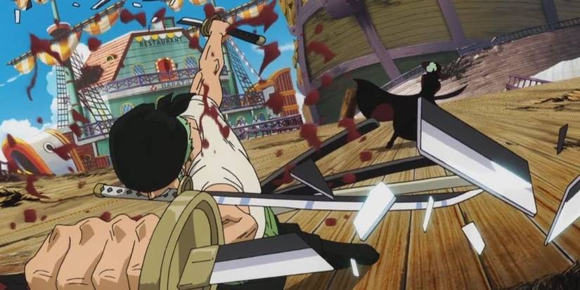 Roronoa Zoro shatters his blades while fighting Mihawk in One Piece's Baratie arc.
