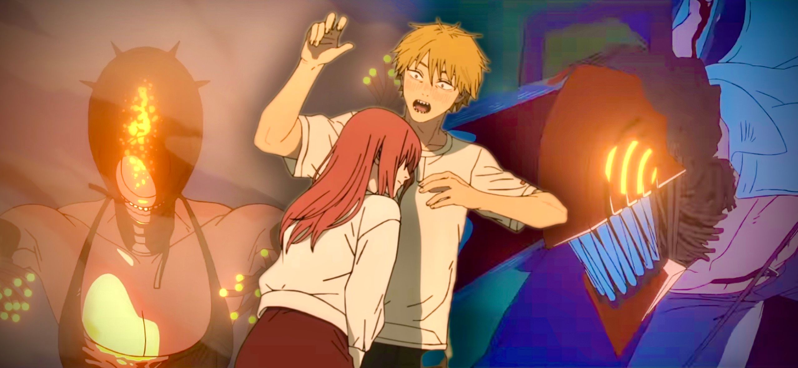 Denji shocked at Makima while the Bomb Devil attacks in Chainsaw Man the Reze Arc