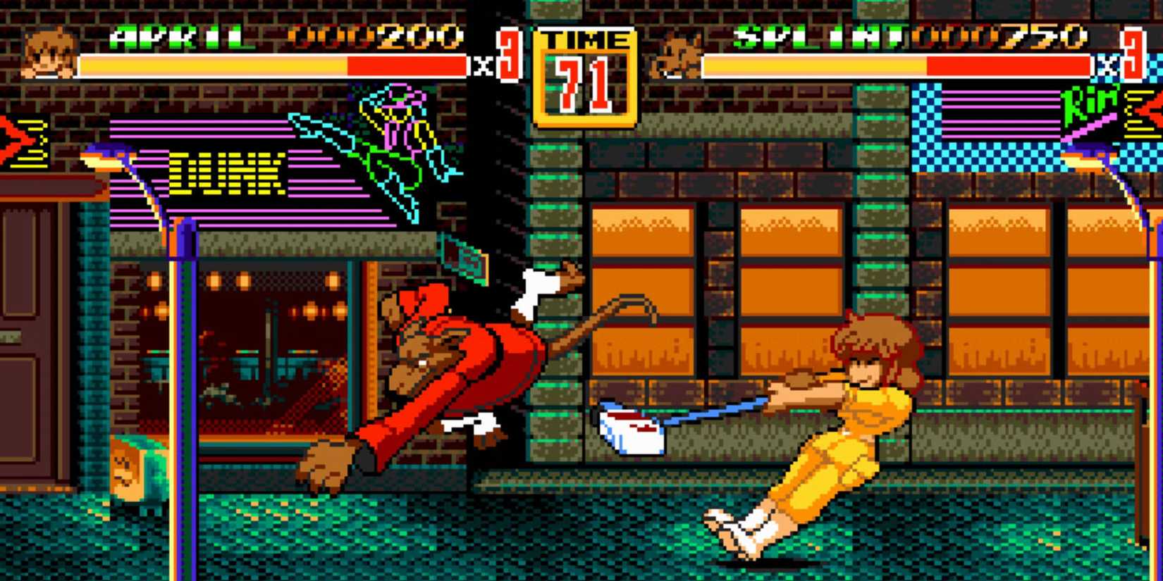 April and Splinter are fighting in Teenage Mutant Ninja Turtles Shredder's Re-Revenge.