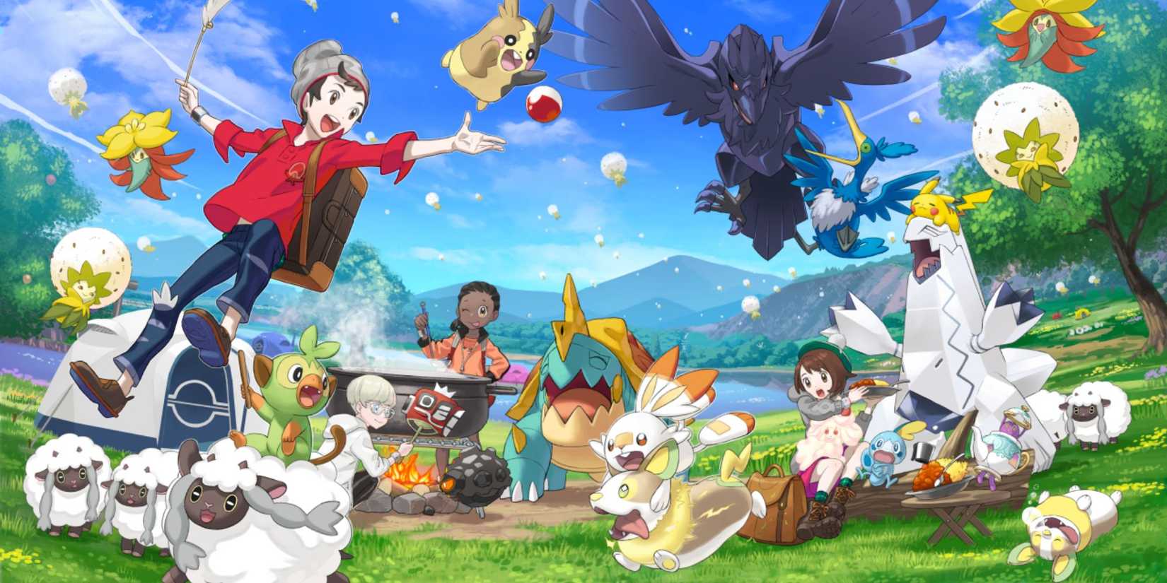 Artwork of several trainers and their Pokémon Camping in Sword and Shield