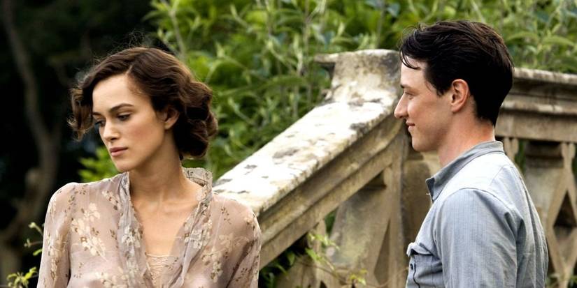Cecilia Tallis (Keira Knightley) is turning away from a smiling Robbie Turner (James MacAvoy) in Atonement.